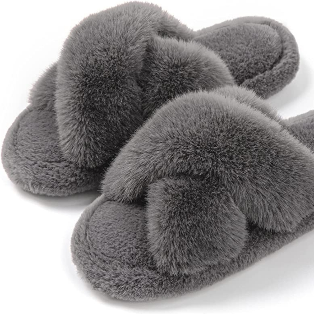 Memory Foam Cross Band Faux Fur Fuzzy Cozy Anti-Skid Slippers